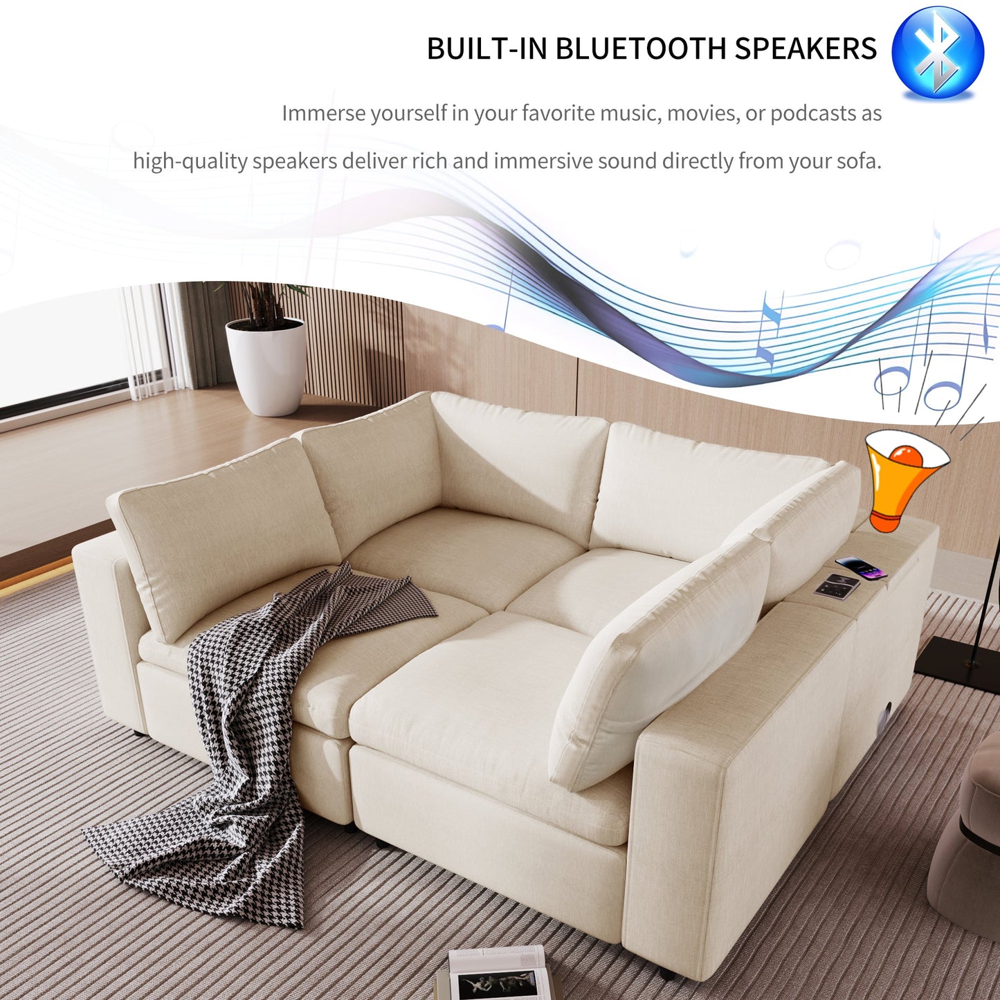 Upholstered Modular Sofa with with Storage Space, USB Charge - Lorena Segura Design Lorena Segura Design