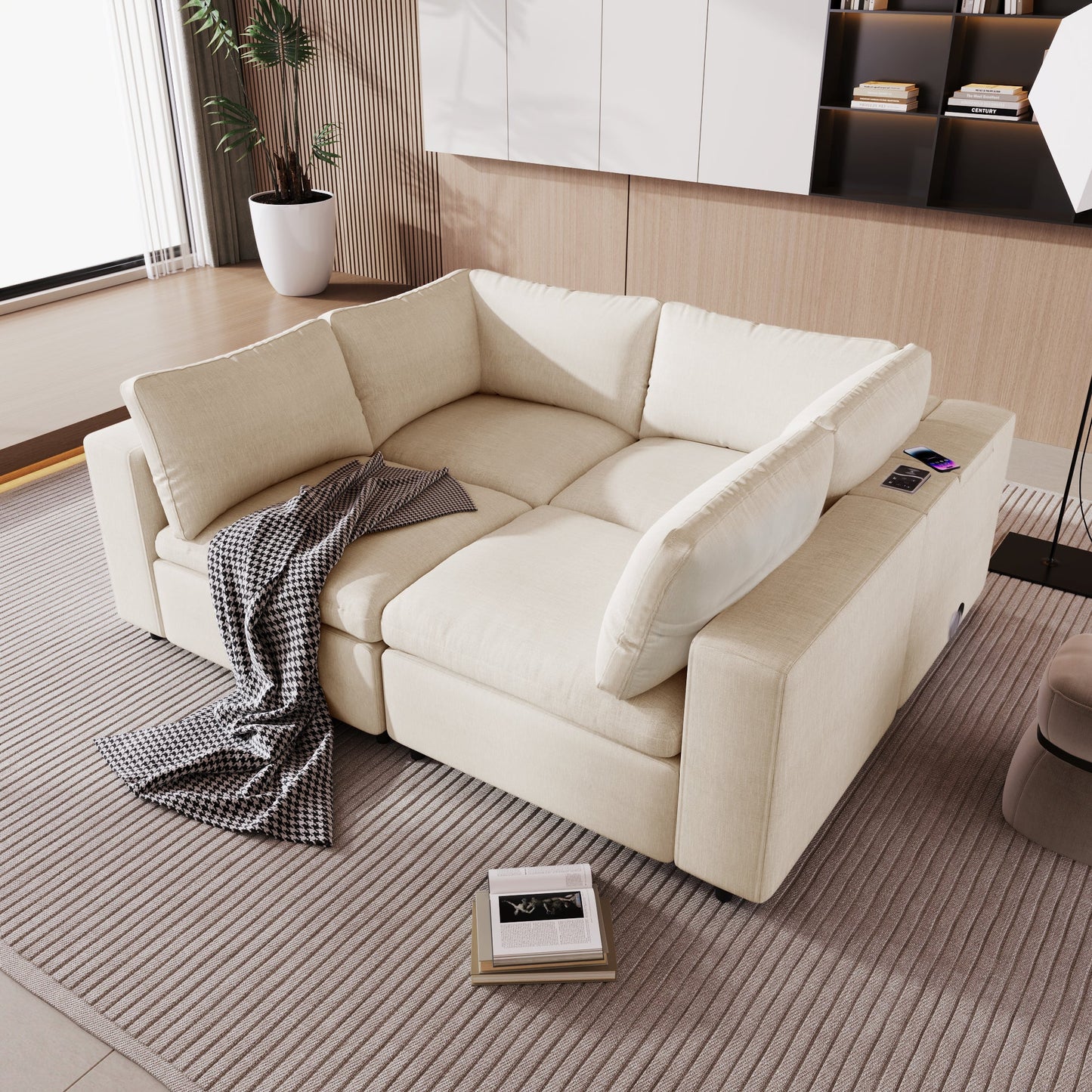 Upholstered Modular Sofa with with Storage Space, USB Charge - Lorena Segura Design Lorena Segura Design
