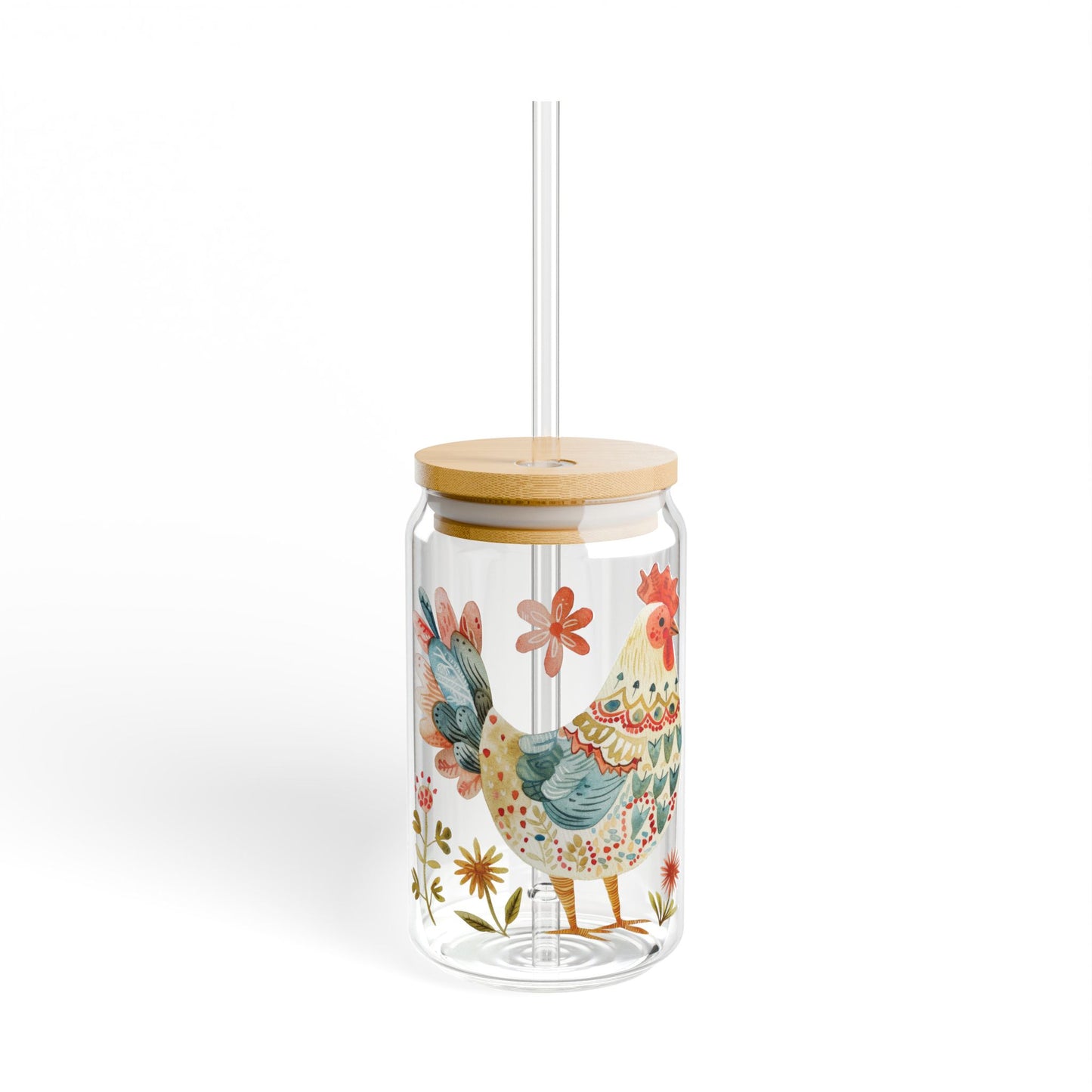 Sipper Glass Watercolor Chicken Design 16oz - Lorena Segura Design Lorena Segura Design