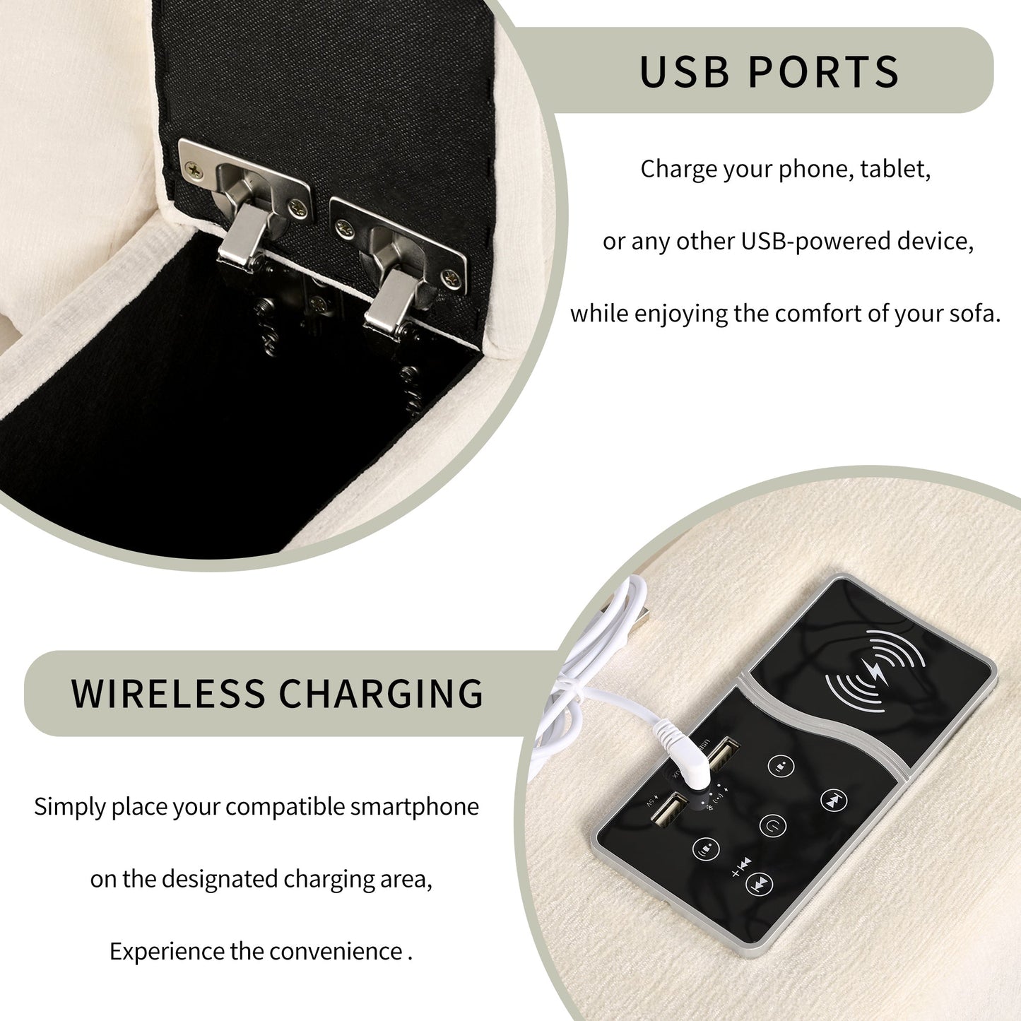 Upholstered Modular Sofa with with Storage Space, USB Charge - Lorena Segura Design Lorena Segura Design