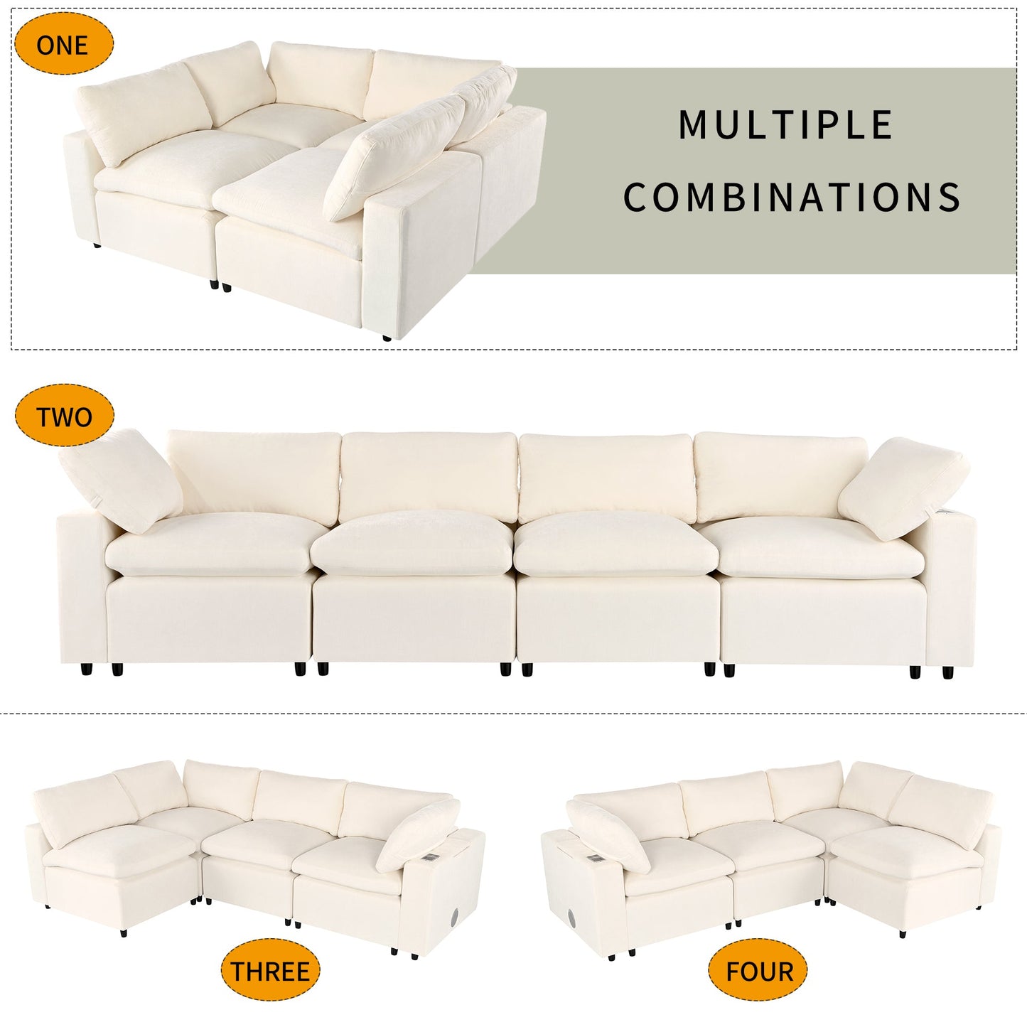Upholstered Modular Sofa with with Storage Space, USB Charge - Lorena Segura Design Lorena Segura Design