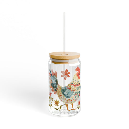 Sipper Glass Watercolor Chicken Design 16oz - Lorena Segura Design Lorena Segura Design