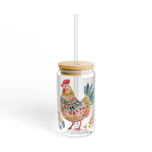 Sipper Glass Watercolor Chicken Design 16oz - Lorena Segura Design Lorena Segura Design