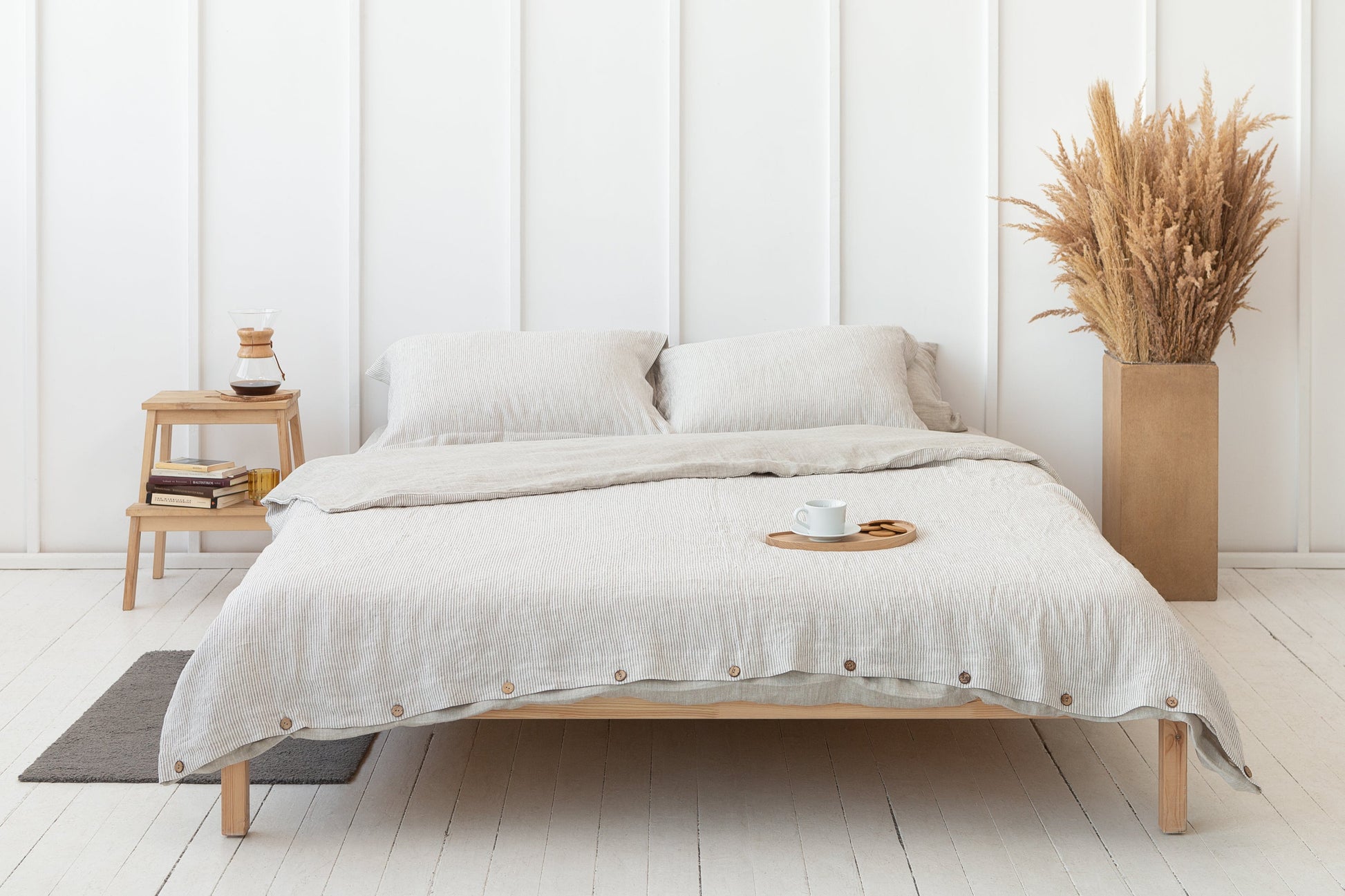 Natural Light and Striped Beige double side linen bedding set - Lorena Segura Design